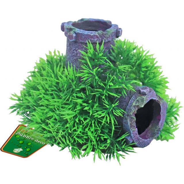 Boon Aqua Deco Ornament Bubbel Green Moss Plant Op Gezonken Buis Met Uitstromer- 11 cm