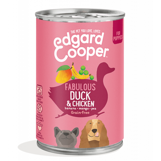 Edgard & Cooper Hond Blik Pup Eend & Kip Met Banaan, Mango & Erwten  -6x400 gram