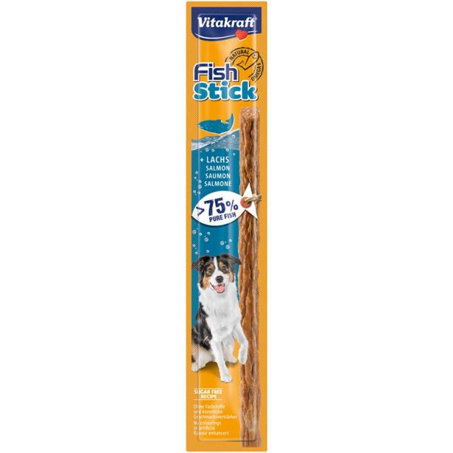 Vitakraft Fish Stick met zalm bevat meer dan 75% pure vis en is daardoor ideaal voor honden met voedselovergevoeligheden. De natuurlijke omega 6 vetzuren ondersteunen een gezonde huid en een mooie vacht. De vis wordt verkregen uit duurzame viskwekerij. Id