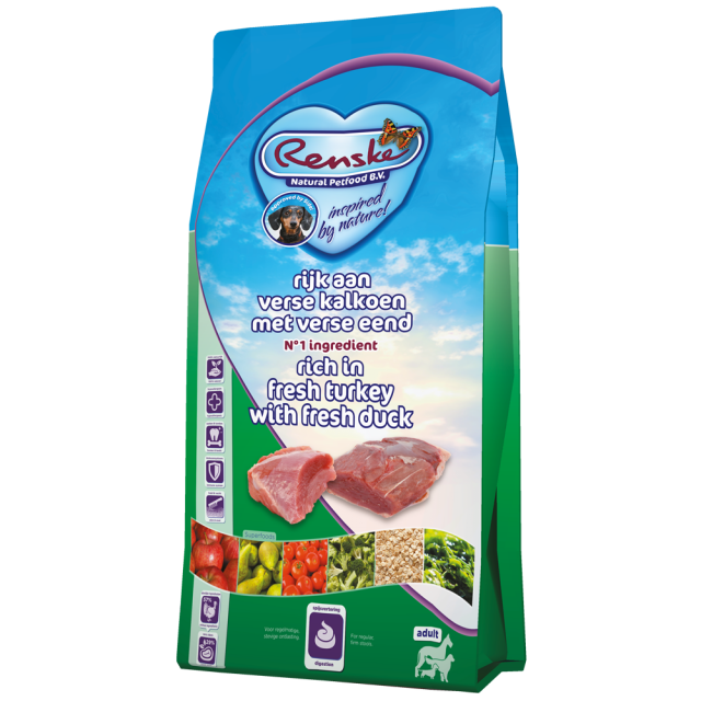Renske Super Premium Adult Kalkoen & Eend - 12 kg    + GRATIS Renske Vleesstrips 